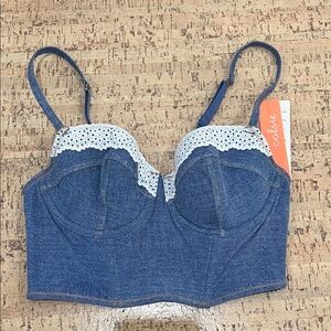 Colsie Blue Denim Longline Bralette with White Eyelet Trim